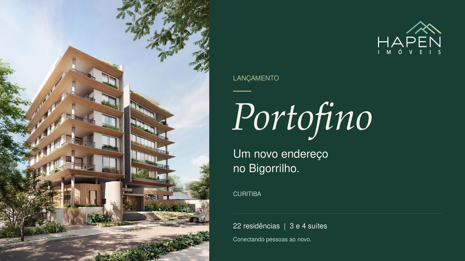 Fachada do Edifício Portofino com apartamentos à venda no Bigorrilho e logo da Hapen Imóveis